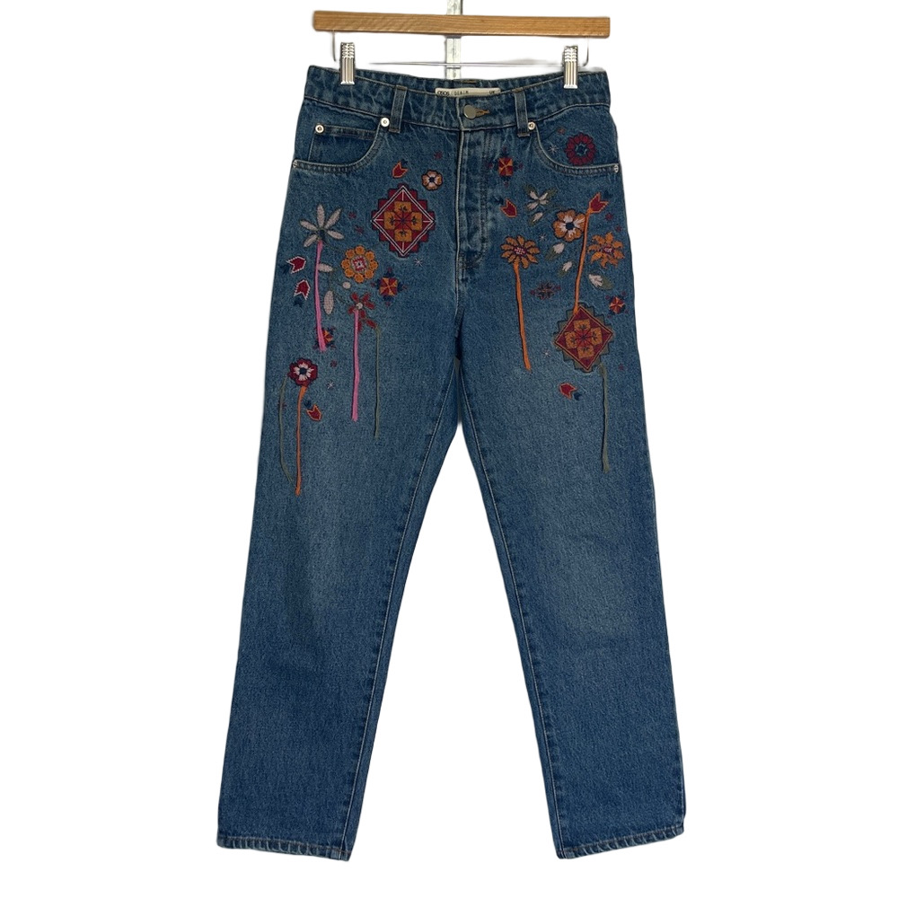 ASOS Floral Embroidered Straight Leg Blue Jeans Sz 26 Ankle High Rise Tassel EUC